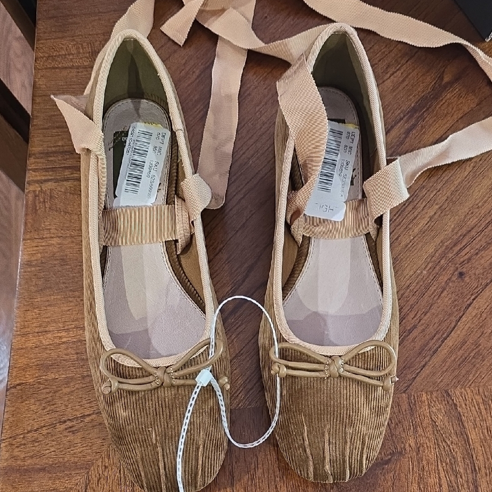 Tan Ballet Flats with Ribbon Detail